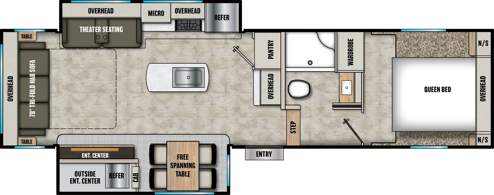 The Chaparral Lite 284RL floorplan has one entry and two slide outs. Exterior features include: fiberglass exterior, 11' awning,  outside entertainment and outside kitchen. Interiors features include: kitchen island, free-standing dinette option, front bedroom and rear living.